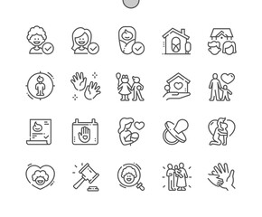Child adoption. Orphanage. Foster baby. Adoption date. Baby hands. Pixel Perfect Vector Thin Line Icons. Simple Minimal Pictogram