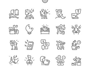 Working stress. Psychological disorder of businessman. Burnout, destroy, medical help, urgent call. Pixel Perfect Vector Thin Line Icons. Simple Minimal Pictogram