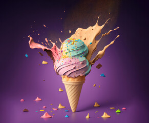 fruit balls different ice cream in a waffle cone on a dark background. Generative AI