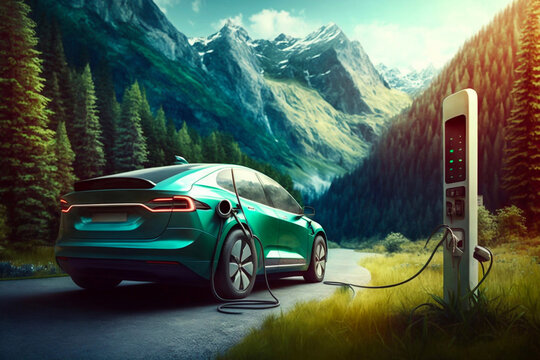Electric car is charging against the background of a green forest and mountains, an ecological concept. Generative AI