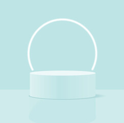 Minimalist 3D Pastel Blue Vector Composition with a Low Cylindrical Podium and a Neon Circle in the Background, ideal for Product Presentation. Simple Geometric Mokup Product Display. Round Stage.