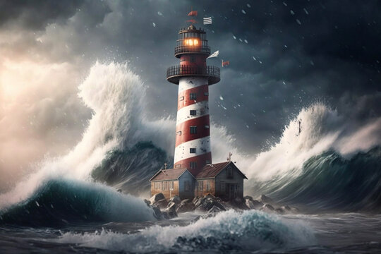 Stormy sky over flooded lighthouse. Generative AI