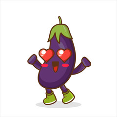 Eggplant character with love emotion. Cheerful character in love eggplant in cartoon style isolated on white background. falling in love expression of a cute eggplant with heart shaped eyes
