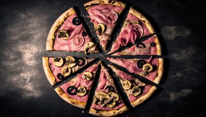 Obraz na płótnie Canvas a sliced pizza with mushrooms and black olives on a table top with a knife and fork in it and a knife stuck in the middle of the pizza.