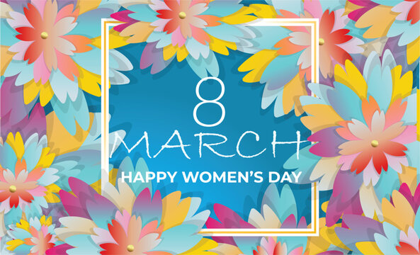 March 8 in pastel. Greeting card with flowers. Cheers to Women's Day. Background of paper-cut flowers with a square frame and text-space for the holidays. Trendy Design Template. Mother's Day