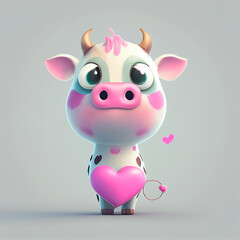 cute little baby cow holding pink heart valentine's day postcard