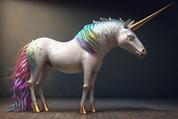 Obraz na płótnie Canvas Magical Fantasy Unicorn with Pastel Rainbow Mane and Glittering Horn, Generative AI