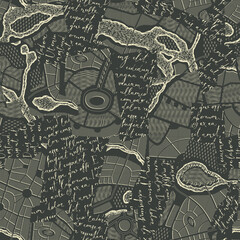 Texture Seamless pattern with collage of letters with handwritten text and pieces of geographical maps. Vector background in retro style with imitated text. Suitable for wallpaper design, fabric