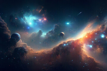Nebula and galaxies in space. Abstract cosmos background.  Shiny stars and heavy clouds.