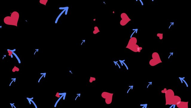Red hearts with Cupid's arrows on a black background