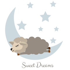 inscription sweet dreams and the sheep is sleeping on a white background with blue stars.