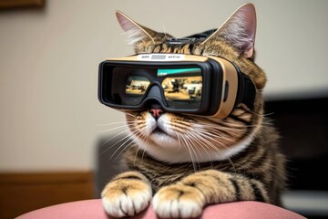 Cat using vr glasses, feeling confused Generative AI - obrazy, fototapety, plakaty