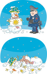 Angry cop breaking a timid snowman holding a sun poster, vector cartoon illustration isolated on a white background