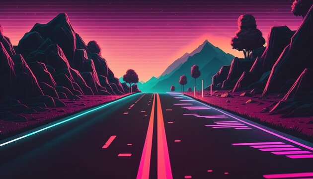 Low polygon, road, retrowave style, bokeh
