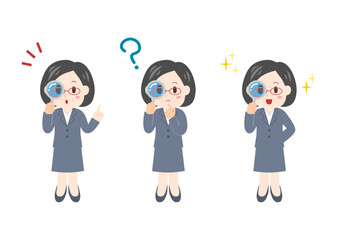 Obraz premium 虫眼鏡をのぞく中年女性ビジネスパーソンのイラストセット