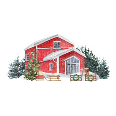 Watercolor red house, farm with christmas tree clipart