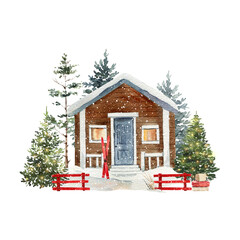 Watercolor winter house, snow illustration
