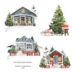 Watercolor winter houses, cottage village