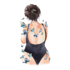 watercolor woman body positive and butterfly 
