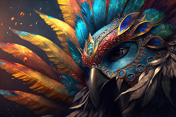 Carnival mask with bird plumage. Generative AI Art