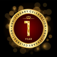 1st Anniversary Celebration. logo design with golden number and ring for birthday celebration event, invitation, greeting card, banner, poster, flyer, brochure, book cover. Logo Vector Template