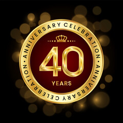 40th Anniversary Celebration. logo design with golden number and ring for birthday celebration event, invitation, greeting card, banner, poster, flyer, brochure, book cover. Logo Vector Template