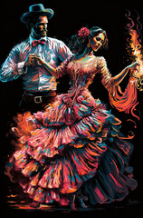 Fototapeta premium Generative AI illustration of Young couple dancing flamenco