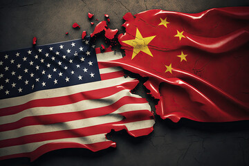 US flag clashing with the flag of China, Cold war 2023, Generative AI