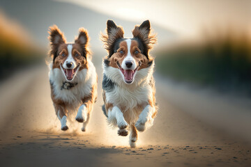 Naklejka na ściany i meble Happy dogs are running towards camera in outdoor activity . Sublime Generative AI image .