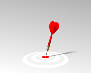 Red dart hit to center of white dartboard on the gray floor. Arrow on bullseye in target. Business success, investment goal, marketing challenge, financial strategy, purpose achievement, ideas concept © Chuenmanuse
