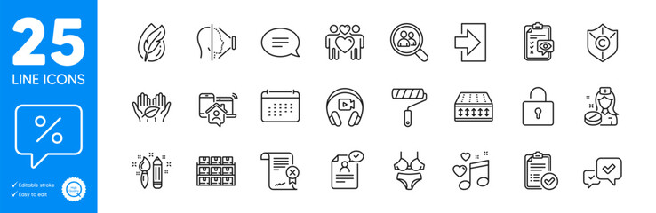 Outline icons set. Hypoallergenic tested, Love music and Lock icons. Flexible mattress, Work home, Approve web elements. Discount message, Copyright protection, Love couple signs. Vector