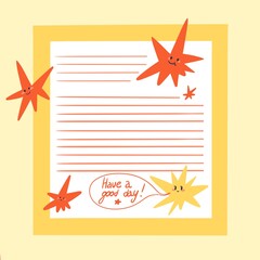 yellow sheet for notes with a picture of smiling red stars. You can use it at school, at university and at work.