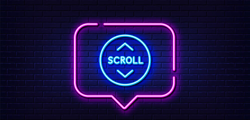 Neon light speech bubble. Scroll down button line icon. Scrolling screen sign. Swipe page. Neon light background. Scroll down glow line. Brick wall banner. Vector © blankstock