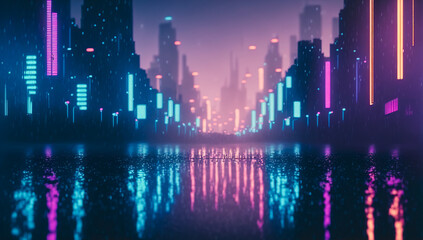 Fototapeta na wymiar Futuristic city with neon light of pink and blue illuminated city street . Sublime Generative AI image .