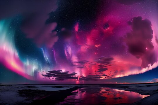 Pink aurora borealis, morthern lights over ice and snow landscape.