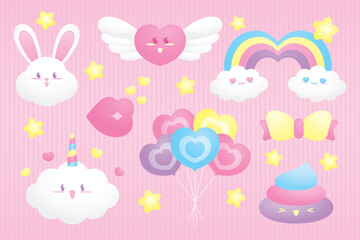 cute pastel colorful kawaii style illustration graphic element vector collection on sweet pink background