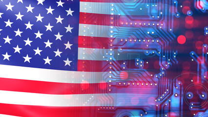 Digital board under magnification. USA flag. Concept of production of printed circuit boards. PCB Made In USA. Creation of digital boards in United States. Transfer of PCB production to USA. 3d image