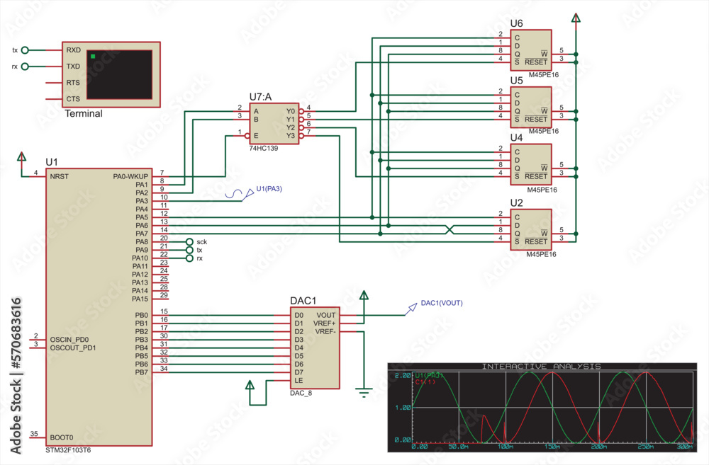 Poster schematic diagram of electronic device. vector drawing electrical circuit with terminal, microcontro