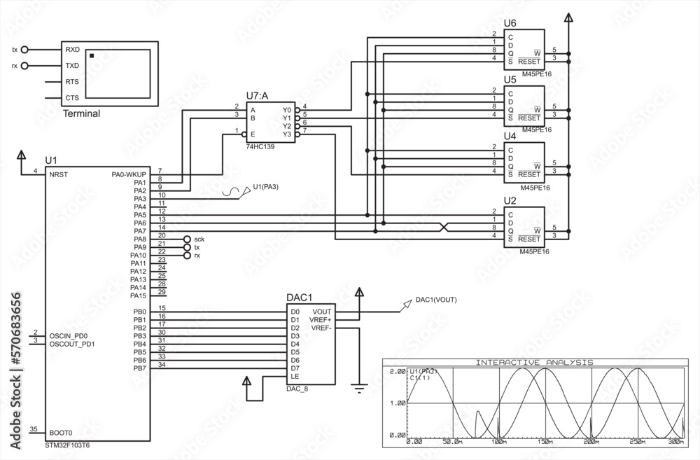 Poster schematic diagram of electronic device. vector drawing electrical circuit with terminal, microcontro