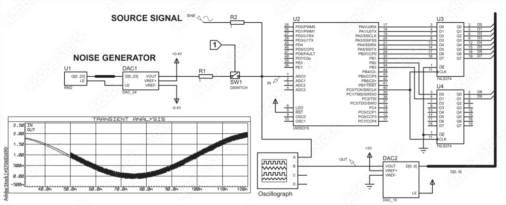Poster schematic diagram of electronic device. vector drawing electrical circuit with resistors, microcontr