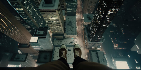 Personal perspective from top of skyscraper at night. Point of view image of persons legs on top of skyscraper illuminated at night. digital ai art