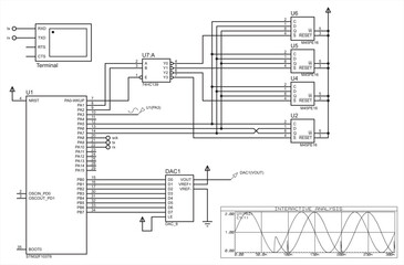Schematic diagram of electronic device.
Vector drawing electrical circuit with terminal, 
microcontroller, microchips,
source signal and other electronic components.