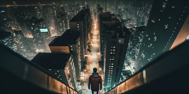 City Lights: A Young Man's Reflection on the Edge of a Skyscraper. Balancing on the Brink, An Ode to the Nightscape of the City's Skyline. digital ai art