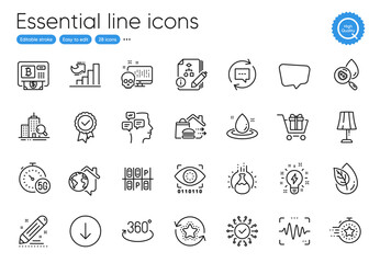 Table lamp, Chemistry experiment and Full rotation line icons. Collection of Update comments, 5g internet, Loyalty points icons. Inspect, Tested stamp, Timer web elements. Vector