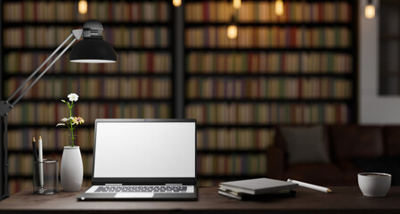 Laptop screen mockup design in home library, 3d illustration rendering 