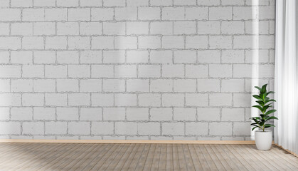White brick block wall mock up room, 3D illustration rendering 