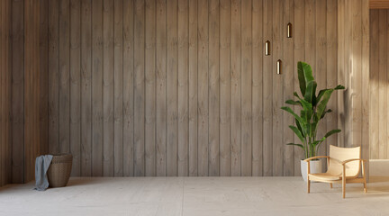 Living room with wooden wall mock up, 3d illustration rendering