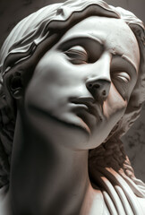 Close-up estatua de mármol, mujer triste, detalles preciosos, creada con IA generativa