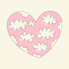 Heart shape with gentle cloud pattern. Delicate cartoon image heart. Minimalist symbol love and passion. Line simple style. Vector flat illustration in retro design