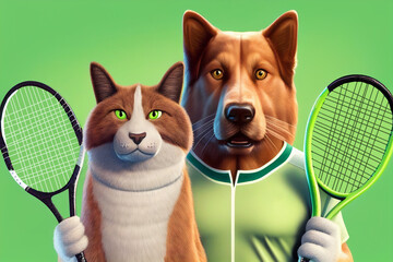 portrait of cat and dog as tennis partners on green background,   generative ai